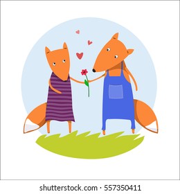 Love foxes card. Happy valentines day.Vector drawing.