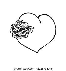 Love frame hand drawn black outlined. Heart shape frame with rose petal drawing decoration vector illustration art.