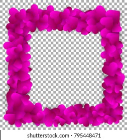 Love frame made of cute purple paper hearts, isolated on transparent background, Valentines day or wedding concept. Vector illustration, template with space for text or image, love frame, border.