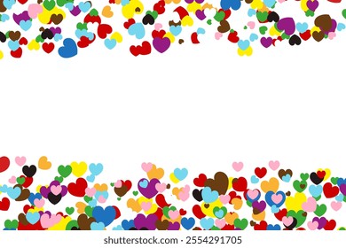 Love frame. Progress Pride Heart shaped confetti forming a header - footer background for use as a design element. Valentine Day  concept. LGBTQ+.