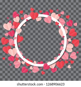 Love frame. White frame on abstract background with hearts, paper cut heart. Illustration of love and valentine day. Origami made frame with heart float on the sky. Paper art style