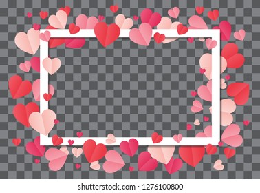 Love frame. White frame on abstract background with hearts, paper cut heart. Illustration of love and valentine day. Origami made frame with heart float on the sky. Paper art style