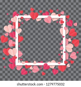 Love frame. White frame on abstract background with hearts, paper cut heart. Illustration of love and valentine day. Origami made frame with heart float on the sky. Paper art style