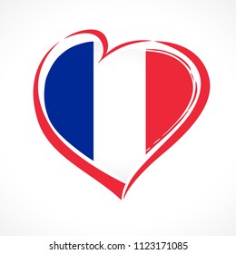 Love France emblem, Bastille day banner with heart in national flag color. National holiday in France 14 of july vector greetings card. Celebrate French Republic anniversary 1789 year