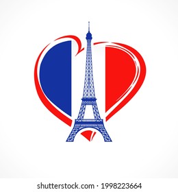 Love France, flag emblem with Eiffel tower. Celebrate Bastille Day, banner for French holiday with Effel tower and heart symbol in flag colors. Vector illustration for t-shirt design