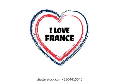 I love France heart brush style logo with national flag colors. Patriotic vector illustration icon. Template for poster, card, banner, background, personal journals, travel diary or social media.