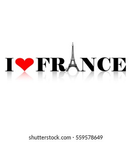 I love France heart with eiffel tower silhouette and reflection
