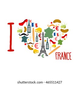 I love France. Traditional French national set of icons in form of heart. Eiffel Tower and croissant. flag and map. Wine and cheese. Fashion and baguette. Dorblu mold label and euro symbol