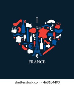 I love France. Traditional French national set of icons in form of heart. Eiffel Tower and croissant. French flag and map. Wine and cheese. Fashion and baguette. Dorblu mold label and euro symbol.  