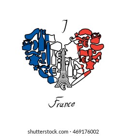 I love France. Traditional French national set of icons in form of heart. Eiffel Tower and croissant. French flag and map. Wine and cheese. Fashion and baguette. Dorblu mold label and euro symbol.  