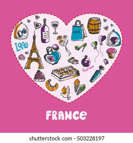 Love France. White heart filled with vintage doodles related with french culture isolated on pink background vector illustration. Memories about European journey. Sketched icons with national symbols