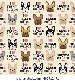 I Love French Bulldog Seamless Pattern with Text in Vintage Style