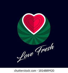 Love fresh. Watermelon, cut like heart. Fresh market logo. Fresh fruit emblem