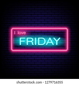 i love friday neon light banner. Vector Illustration