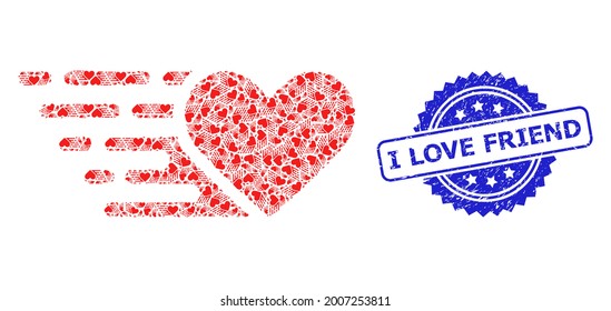 I Love Friend unclean seal imitation and vector fractal mosaic love heart. Blue stamp includes I Love Friend tag inside rosette. Vector mosaic is constructed with scattered rotated love heart icons.