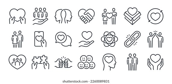 Love, friendship, care and charity concept editable stroke outline icons set isolated on white background flat vector illustration. Pixel perfect. 64 x 64.