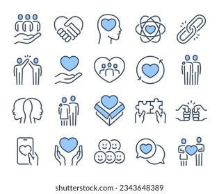 Love, friendship, care and charity concept blue editable stroke outline icons set isolated on white background flat vector illustration. Pixel perfect. 64 x 64.	