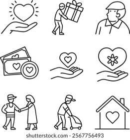 Love, friendship, care and charity concept editable stroke outline icons  set isolated on white background flat vector illustration.