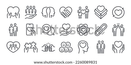 Love, friendship, care and charity concept editable stroke outline icons set isolated on white background flat vector illustration. Pixel perfect. 64 x 64. Сток-фото © 