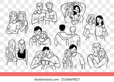 Love and friendship are demonstrated by couples of people building heterosexual or homosexual relationships. Men and women hug on dates, thanks to strong friendship and sincere sympathy. Hand drawn.