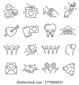 Love And Friendship Icon Set, Hearts Symbols. Relationship, Happy Emotions. Vector Friendship Line Art Illustration On White Background