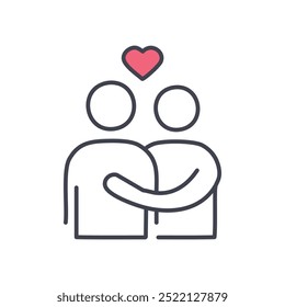 Love friendship icon. Two people embracing, a heart above symbolizing love and friendship. Perfect for representing care, support, and togetherness.