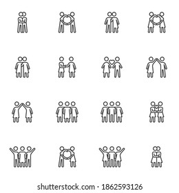 Love and friendship line icons set, outline vector symbol collection, linear style pictogram pack. Signs, logo illustration. Set includes icons as people relationship, man and woman couple, lovers