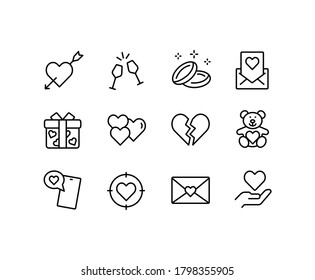 Love and friendship simple thin line icon set vector illustration. Broken heart, love letter, wedding rings, teddy bear, gift, hand holding heart and more.