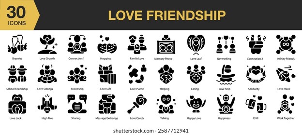Love Friendship solid icon set. Includes friendship, love, heart, happy, romantic, and More. Solid icons vector collection.