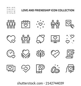 Love and friendship vector linear icons set. Heart, romantic letter, person, calendar, clock, phone, engagement ring and more. Isolated collection of love and friendship icons on white background.