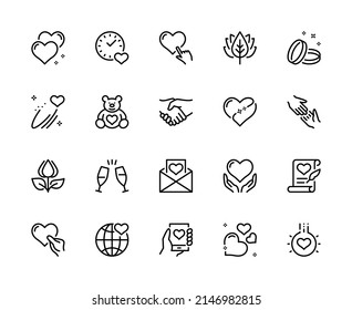 Love and friendship vector linear icons set. Heart, wedding ring, romantic letter, handshake, flower, toy, devotion and more. Isolated collection of love and friendship icons on white background.