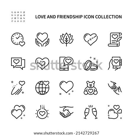 Love and friendship vector linear icons set. Heart, romantic letter, toy, wedding ring, clock, present, devotion and more. Isolated collection of love and friendship icons on white background.