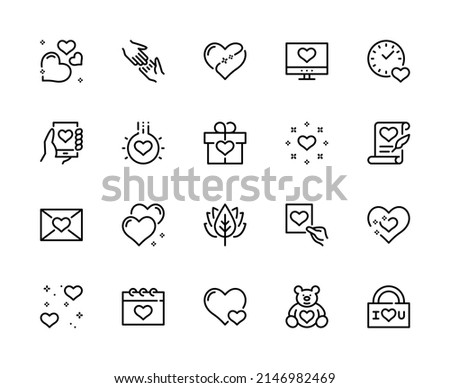 Love and friendship vector linear icons set. Heart, wedding ring, romantic letter, clock, present, toy, devotion and more. Isolated collection of love and friendship icons on white background.