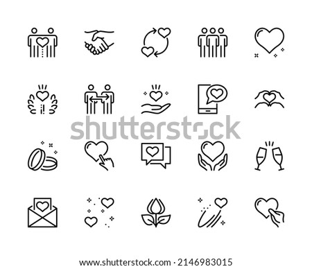 Love and friendship vector linear icons set. Heart, wedding ring, romantic letter, handshake, flower, union, devotion and more. Isolated collection of love and friendship icons on white background.