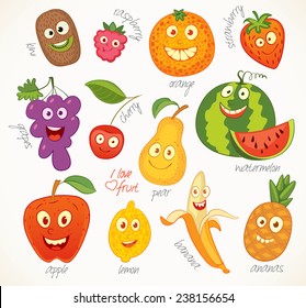 I love fruit. Funny cartoon character. Vector illustration. Isolated on white background. Set