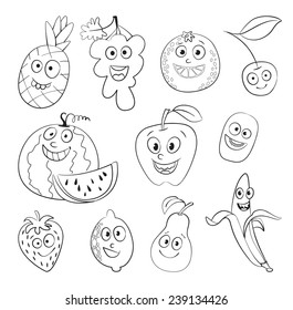I love fruit. Funny cartoon character. Vector illustration. Coloring book. Set