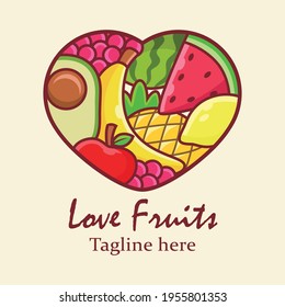 Caricatura con el logotipo de la fruta de amor. Ilustración de iconos vectoriales, aislados en vectores premium