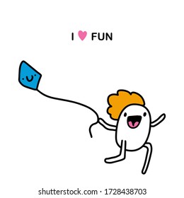 I love fun hand drawn vector illustration in cartoon comic style man running with kite fast activity