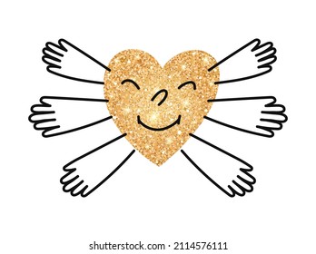 Love. Funny google doodle heart with hands for embracing. Valentines day concept. 