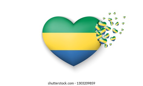 With love to Gabon country. The national flag of Gabon fly out small hearts on white background