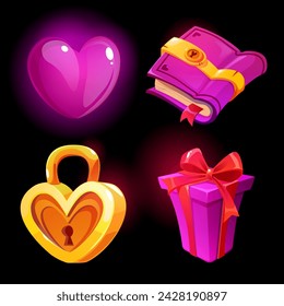 Iconos del juego del amor establecidos aislados sobre fondo negro. Ilustración de dibujos animados vectorial de gema de corazón rosa, cerradura de oro, libro de hechizos o diario, caja de regalo decorada con lazo de cinta, colección de elementos de diseño gui