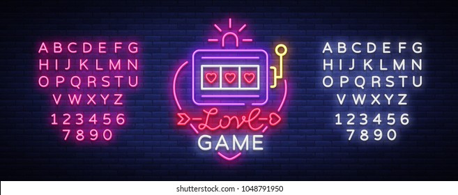 Love Game neon sign vector. Casino Slot Machines Logo in the neon style, gambling symbol, light banner, bright neon night advertisement for casinos gambling. Design template. Editing text neon sign