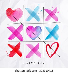 Love game noughts and crosses lettering I love you drawing with pink, red, blue on crumpled paper background