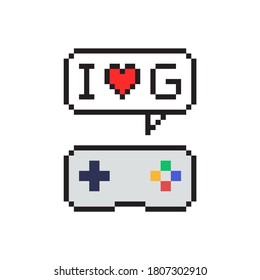 I love games concept. Retro gamepad poster. Pixel art. Textiles, print, t-shirts, web.