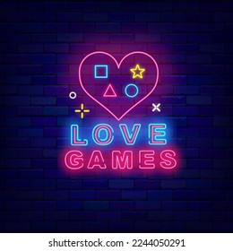 Love games neon banner. Light signboard. Heart with joystick icons. Glowing advertising. Game design. Virtual reality concept. Shiny logotype. Vector stock illustration