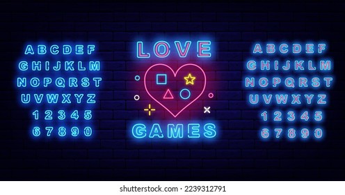 Juegos de amor con signos de neón en la pared de ladrillo. Etiqueta luminosa. Corazón con iconos de joystick. Alfabeto azul luminoso. Publicidad brillante. Diseño de juegos. Concepto de realidad virtual. Logotipo brillante. Ilustración de material vectorial