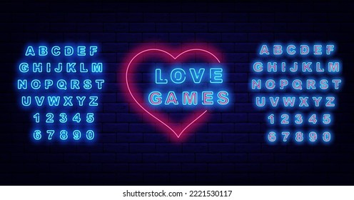 Love games neon signboard. Luminous blue alphabet. Heart frame. Glowing advertising. Game design. Virtual reality concept. Shiny banner. Vector stock illustration