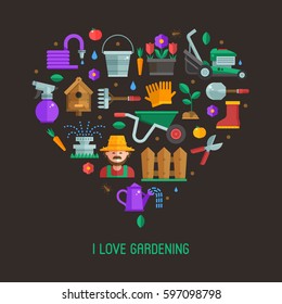 I love gardening card with landscaping and horticulture icons stylized in heart.