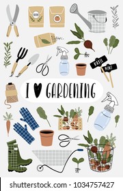 I love gardening card. Vector illustration of gardening elements: spade, pitchfork, wheelbarrow, plants, watering can, grass, flowers, garden gloves and calligraphy. Spring time