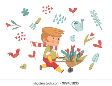 Love Gardening, cartoon vector illustration - a gardener wearing gloves and yellow rubber boots wheeling a bunch of flowers in a barrow, surrounded by garden elements in heart shape, Dodo people set